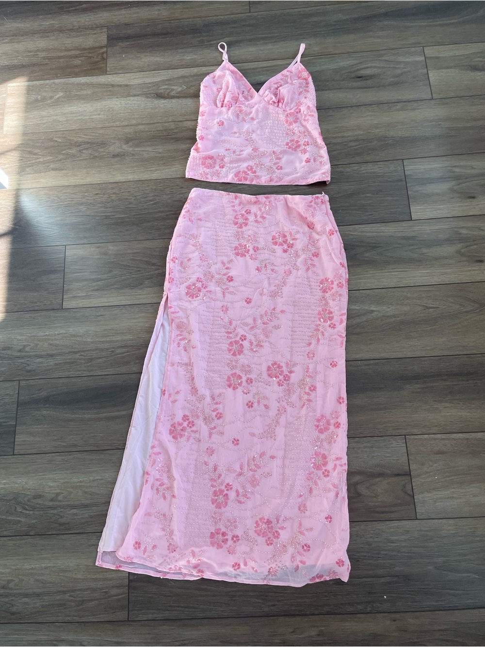 SHEIN Pale Pink Lace Cami & Maxi Skirt Set